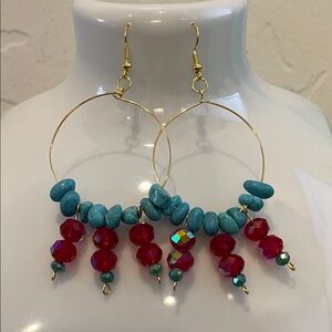 Gold and Red Beaded Hoop Earrings